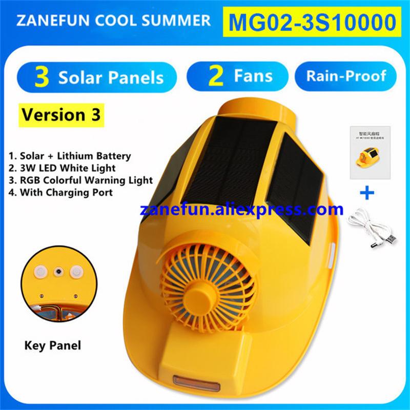 Helmet With 3 Solar Panels 2 Fans LED Light RGB Warning Rechargeable Lithium Battery Power Bank Outdoor Work Solar Fan ABS Cap