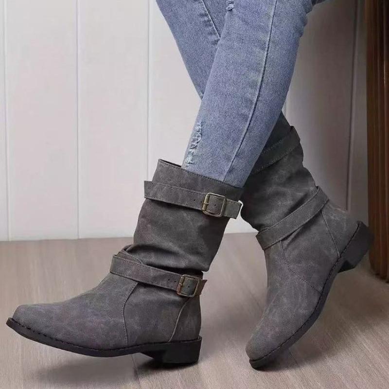 Women's Large Size Fall Winter Flat Low Heel Mid-Calf Boots.