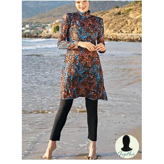 

Floral print new modest burkini 2 piece set long sleeve tunic and full length leggings set - muslin swimwear - UV protection beachwear - summer S бежевий