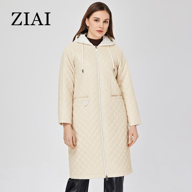 ZIAI damska kurtka wiosenna długi klasyczny podwójny zamek błyskawiczny z kapturem dopasowane kolory prosty styl płaszcze damskie 2023 zima ZM-20330
