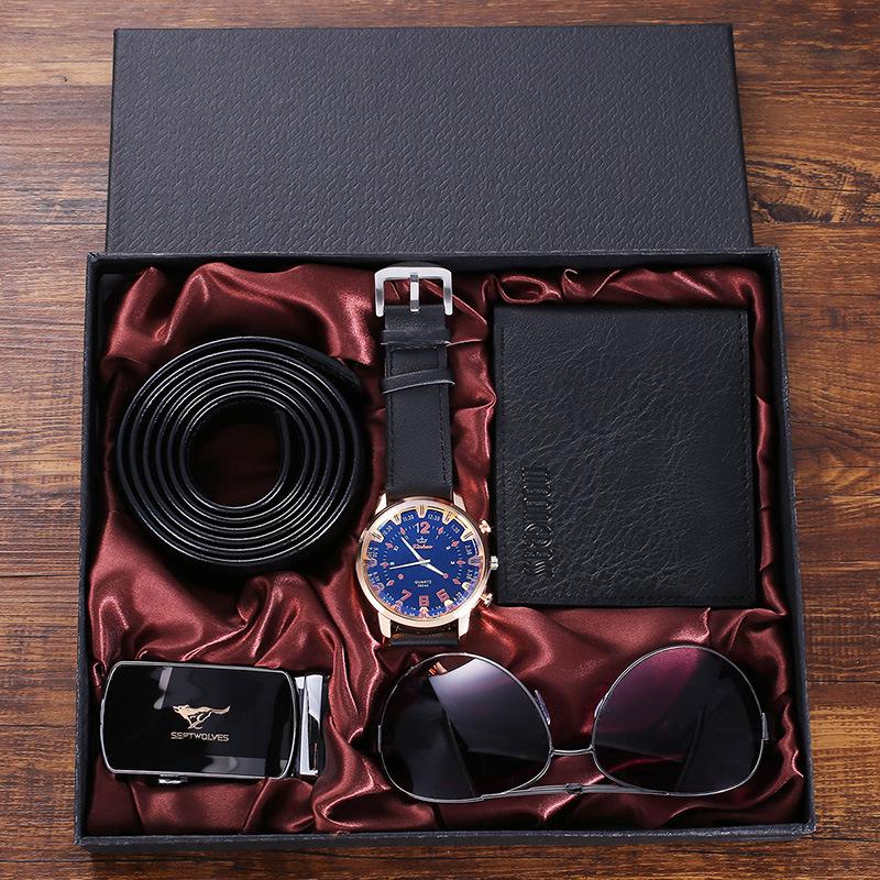 5-Piece Creative Gift Set: Business Watch with Leather Strap, Glasses, and Wallet