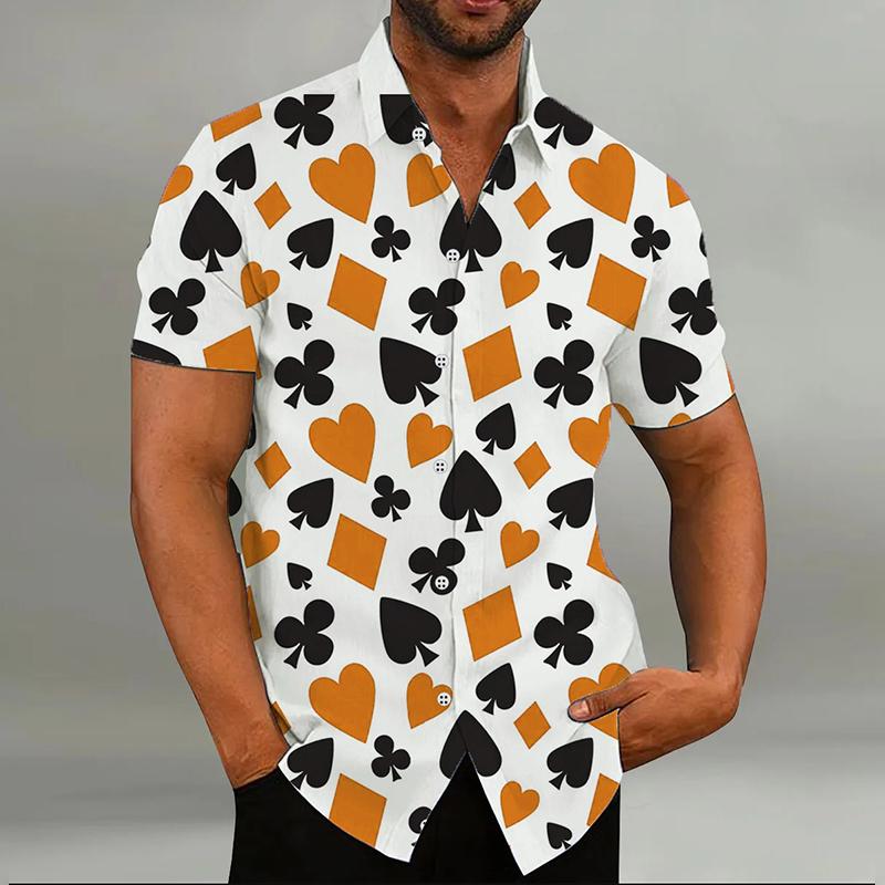 Huiteng4 Mode Herenoverhemd Speelkaarten 8 Kleuren Harten Schoppen 3D-print Revers Korte Mouw Outdoor Straat Casual Herenkleding 5XL