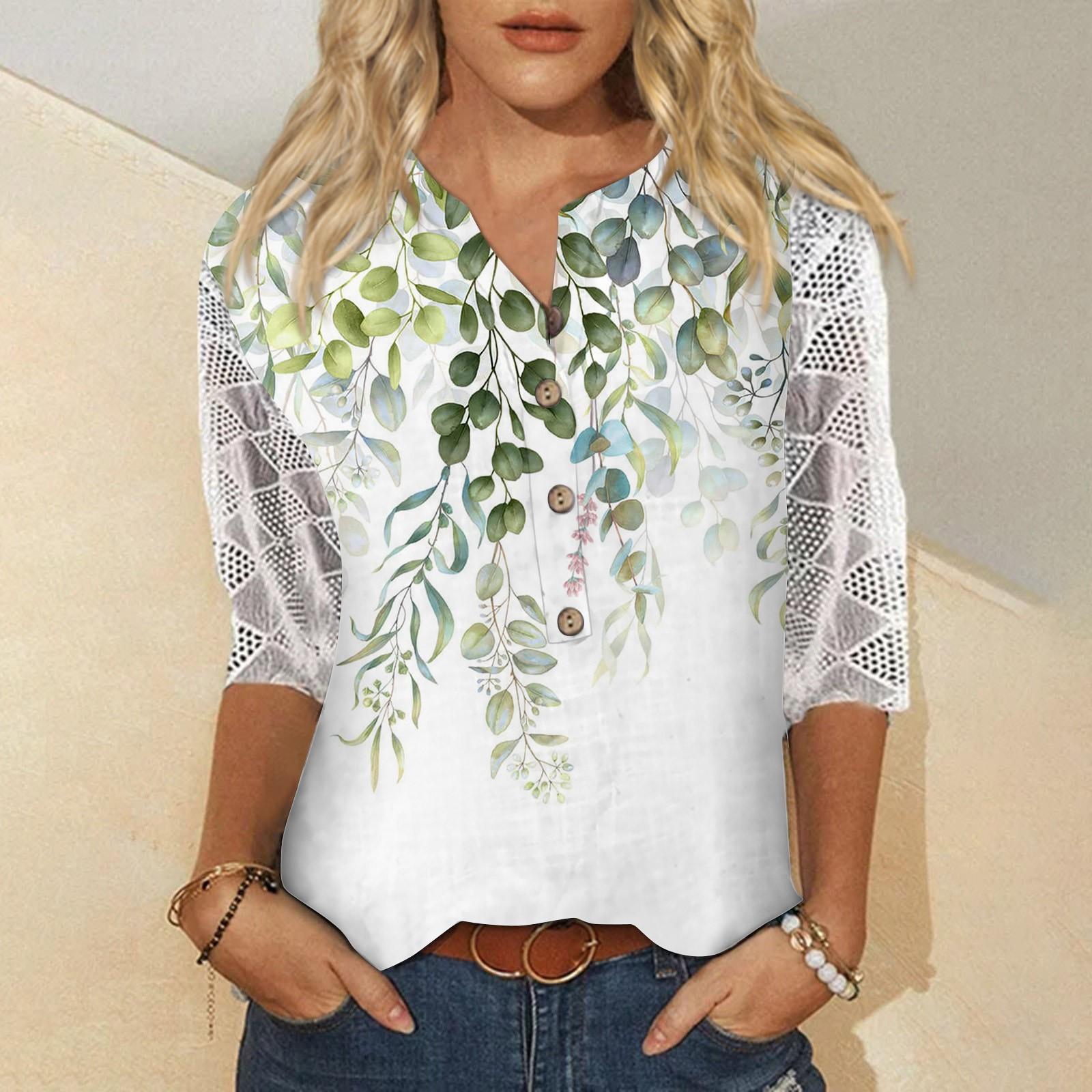 

Женские рубашки с v-образным вырезом и рукавами 3/4, кружевная повседневная блузка с принтом, свободные рабочие туники, топы M