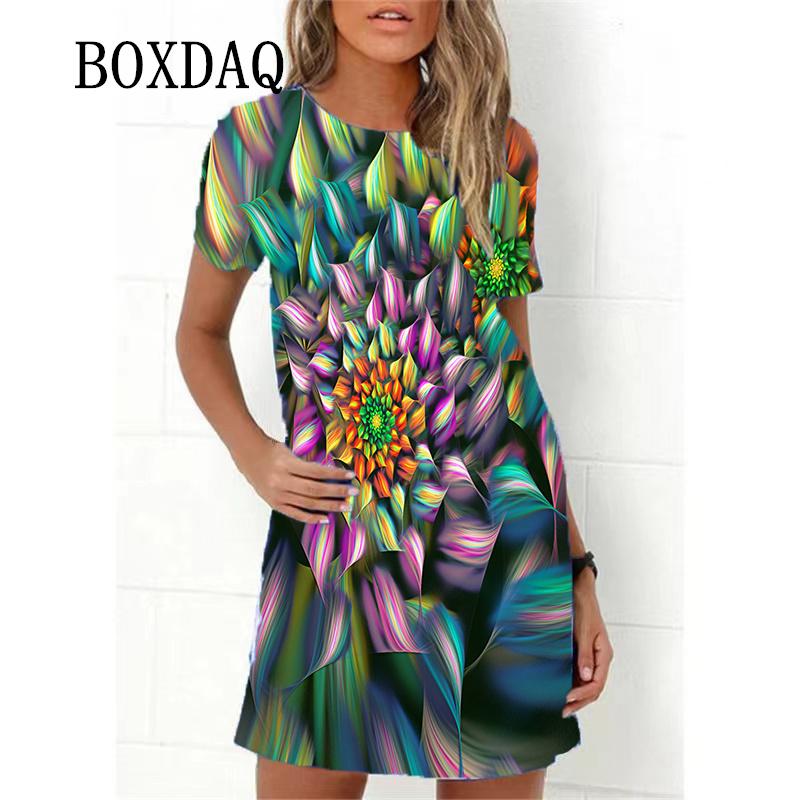 Gradient Colorful Flame Print Women Dresses Fashion Short Sleeve Loose A-Line Dress Oversized Summer Casual Beach Party Sundress