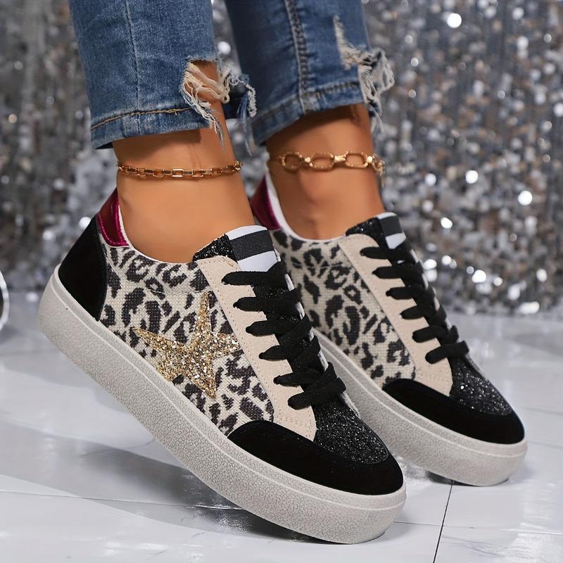 [Everyday Comfort] Women's Leopard Print Star Sneakers, Casual Lace-Up Low Top Shoes with Round Toe, Fabric Upper & Mesh Inner, PVC Sole