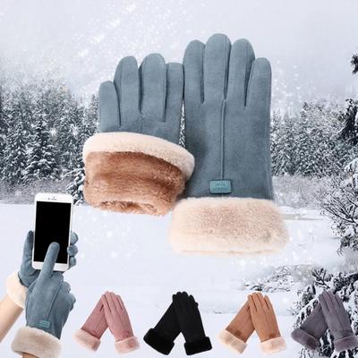 Winter Female Cashmere Warm Suede Leather Cycling Mittens Double Thick Velvet Plush Wrist Women Touch Screen Driving Gloves
