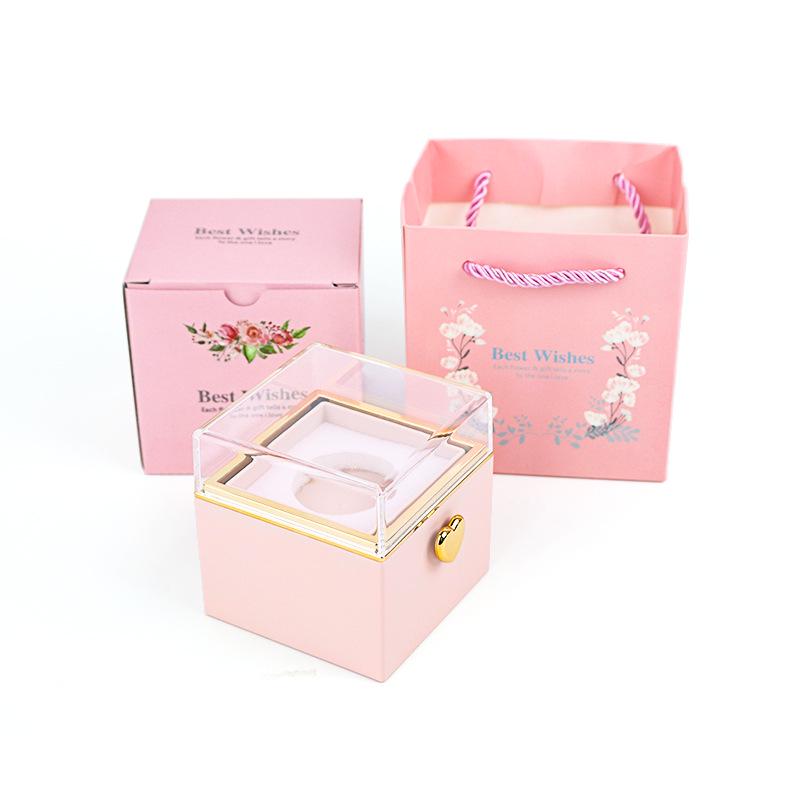 Luxury Rotating Acrylic Jewelry Box with Preserved Rose, Teddy Bear, and Birthday Cake Design