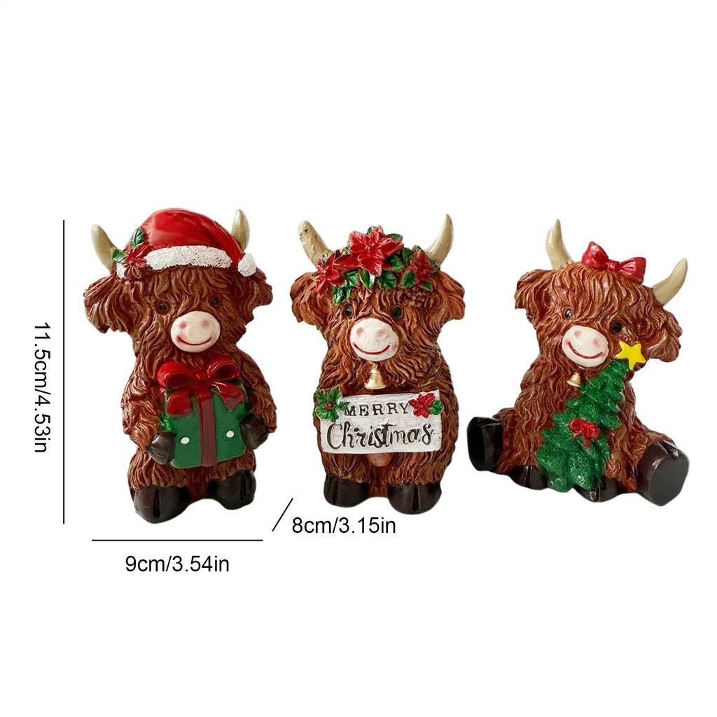3pcs Christmas Highland Cattle Statues Cute Highland Cow Resin Sculpture Decorations Accessories Christmas Gifts