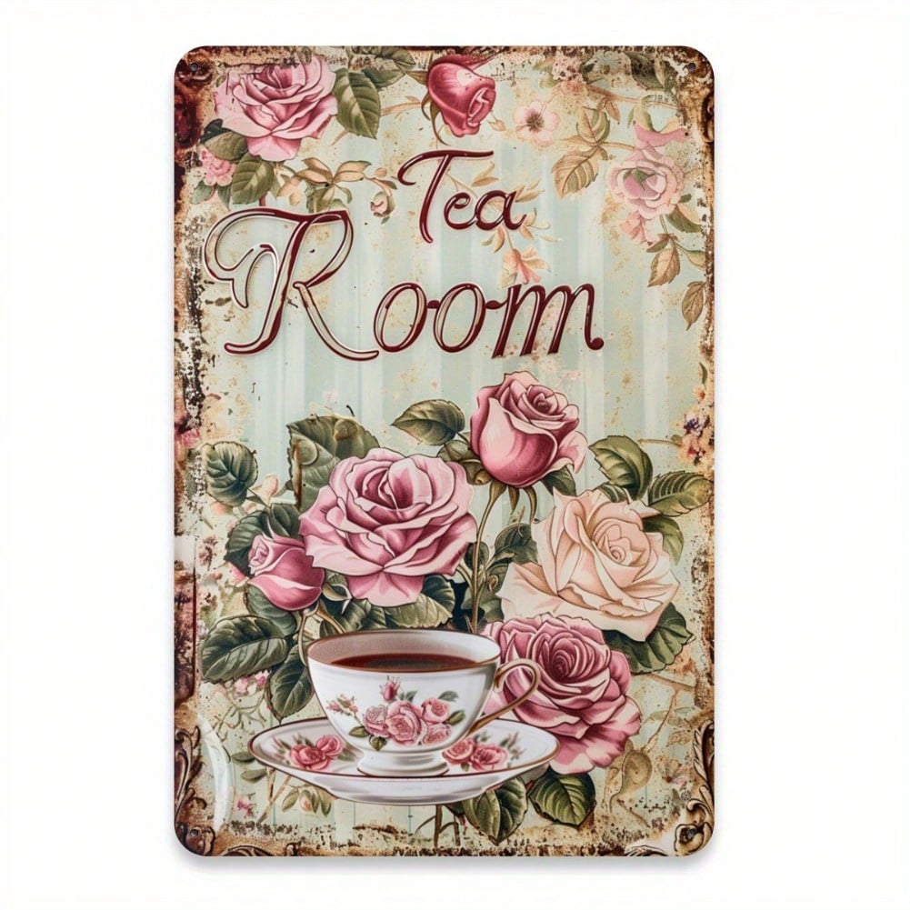 Vintage Rose Teacup Iron Tin Wall Art 8x12 Inch Flower Metal Sign for Cafe Home Garden Decor