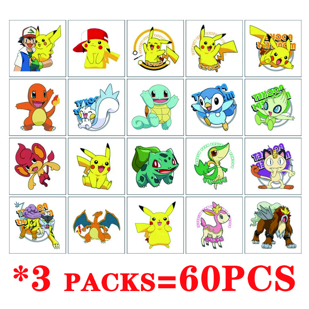 20PCS Pokemon Temporary Tattoo Stickers Children Pikachu Sticker Funny Cartoon Kids Girls Christmas Birthday Gift Reward Toy