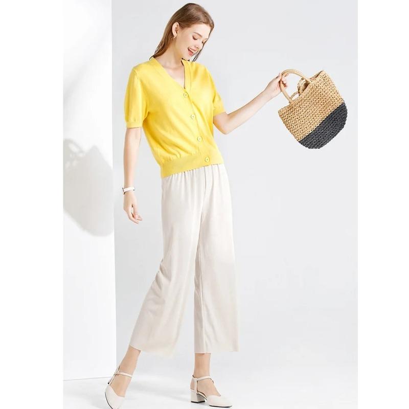 Women Ankle-Length Wide Leg Pants Casual Summer Solid Elastic Waist Loose Ice Silk Pants Spring Summer Female Trousers