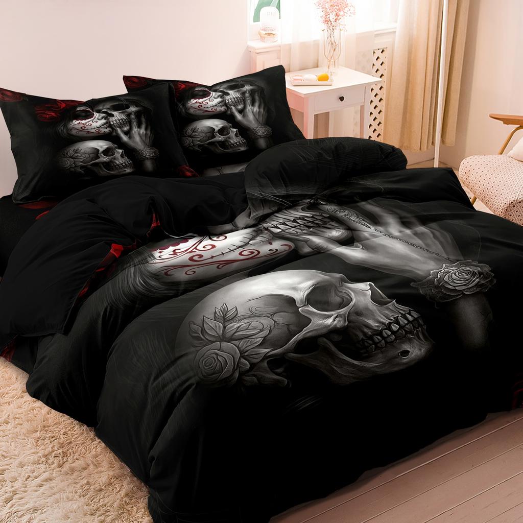 3-teiliges Gothic Mexikanischer Zuckerschädel Frau Bettbezug Bettwäsche-Set Blumen- & Schädelmuster - Ideal für Tag der Toten Feiern