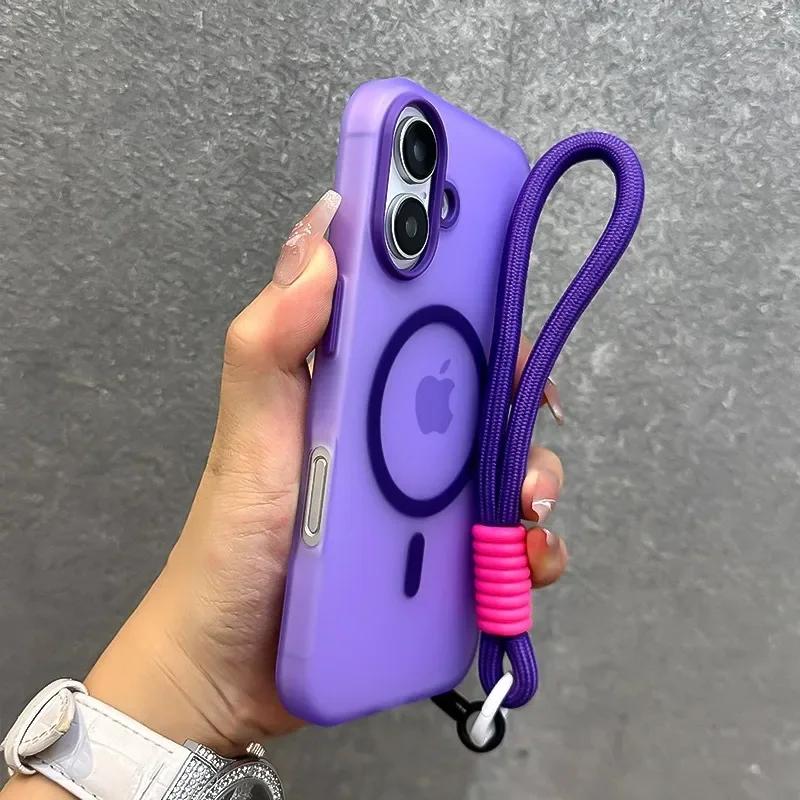 For Magsafe Candy Color Contrast Lanyard Case For iPhone 16 15 Pro Max 14 Plus 11 12 13 16e Hand Wrist Strap Matte Soft Cover