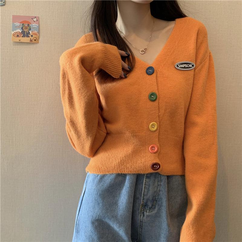 Women Sweater Cardigan Solid Korean V-neck Knitted Cardigan Lady Casual Slim Colorful Single Breasted Short Jumper Coats