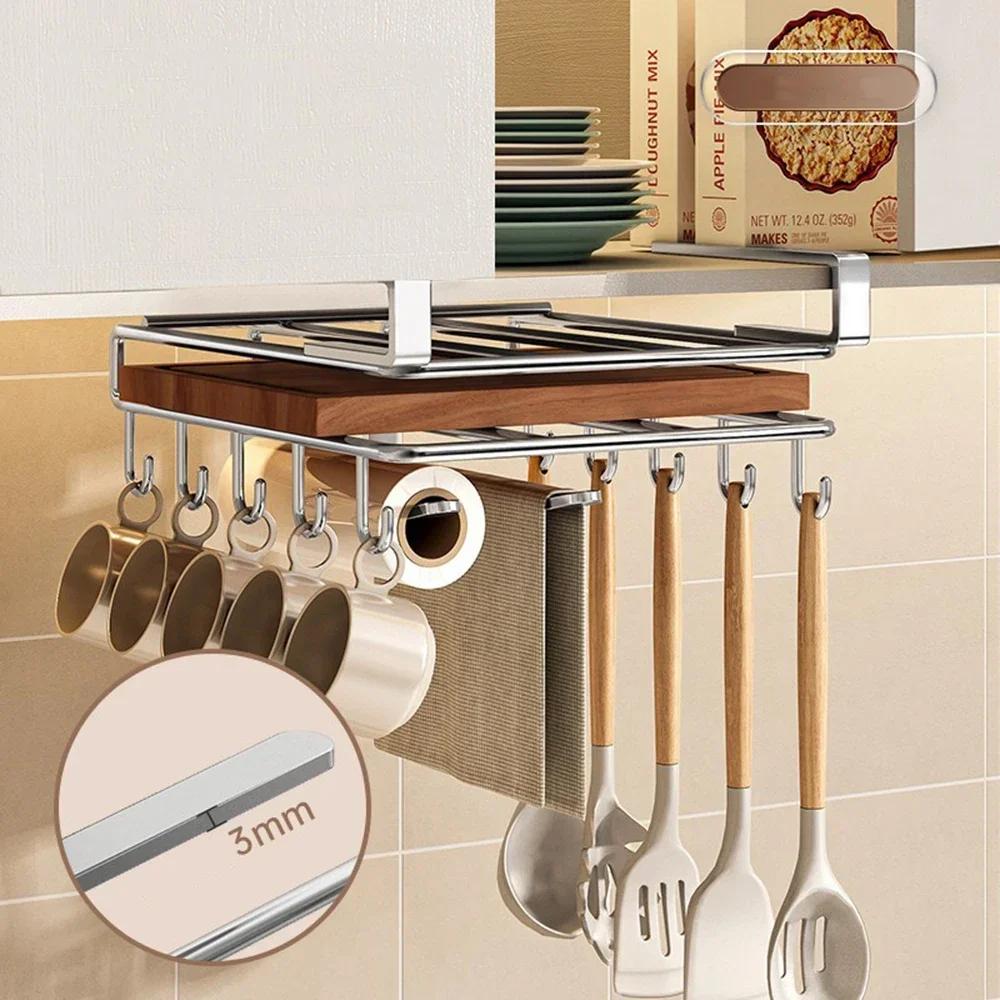 Kitchen Stainless Steel Wall Hanging Rack Under Cabinet Paper Towel Holder Pot Lid Storage with Hooks Space Saving Organizer