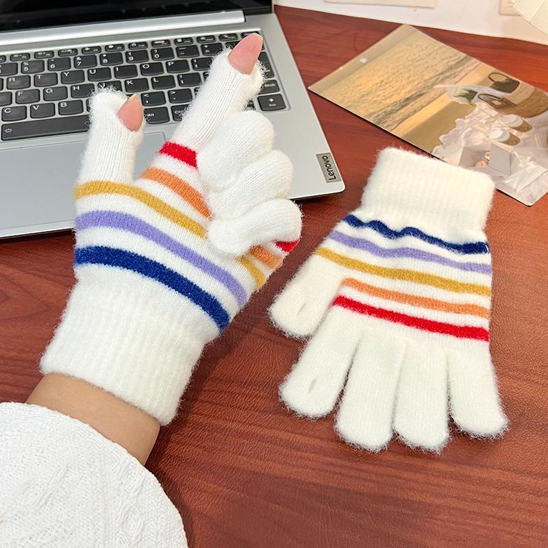 Personalized Korean Style Striped Winter Gloves - Color Block Design