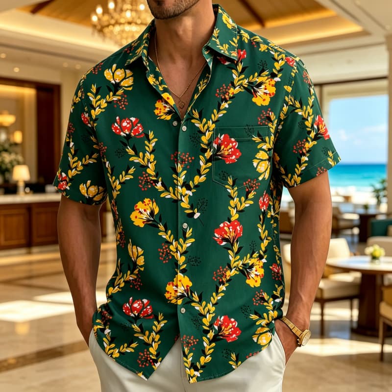 Men's Fresh Floral Print Short Sleeved shirt, With A Fresh Artistic style, Suitable For Summer Daily Life And Beach Vacations