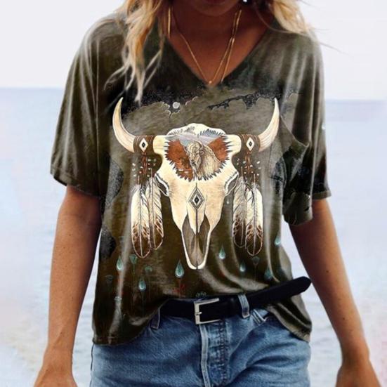 

Women T-shirt Geometric Print V Neck Summer Short Sleeve All