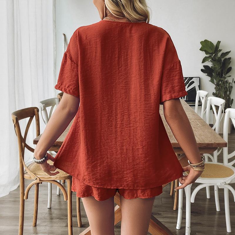 VEZFAA Women's Fashion Casual Summer Spring Solid Color Print Short Sleeve V-Neck Trousers Pants Suits