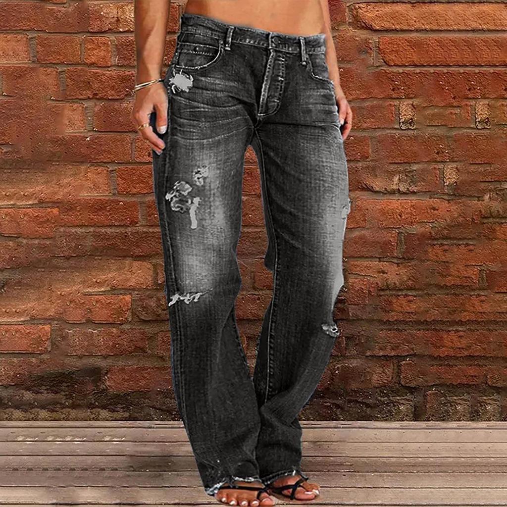 Kadın Yüksek Bel Düz Bol Dantelli Esnek Hafif Moda Kot Pantolon