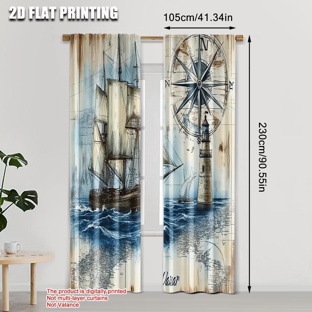 2pcs, Window Curtain 2D Plane Printing 1 To Lighthouse Machine Washable (without Rod) Thermal Insulation, and Room Darkening