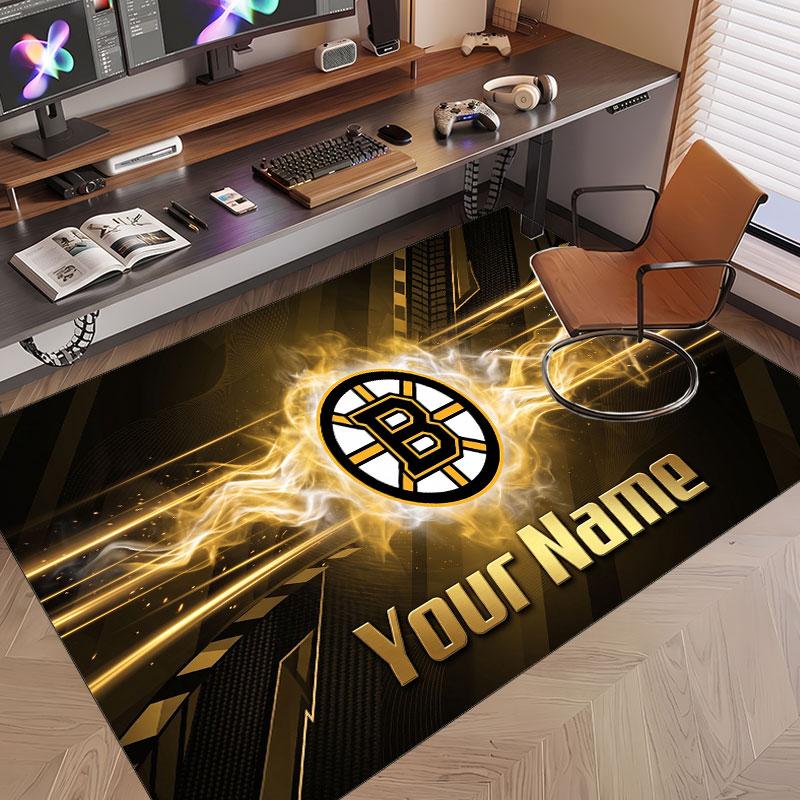 Custom Rug Boston Bruins Pattern Print Name Text Soft Non‑Slip Floor Carpet for Home Indoor Decoration