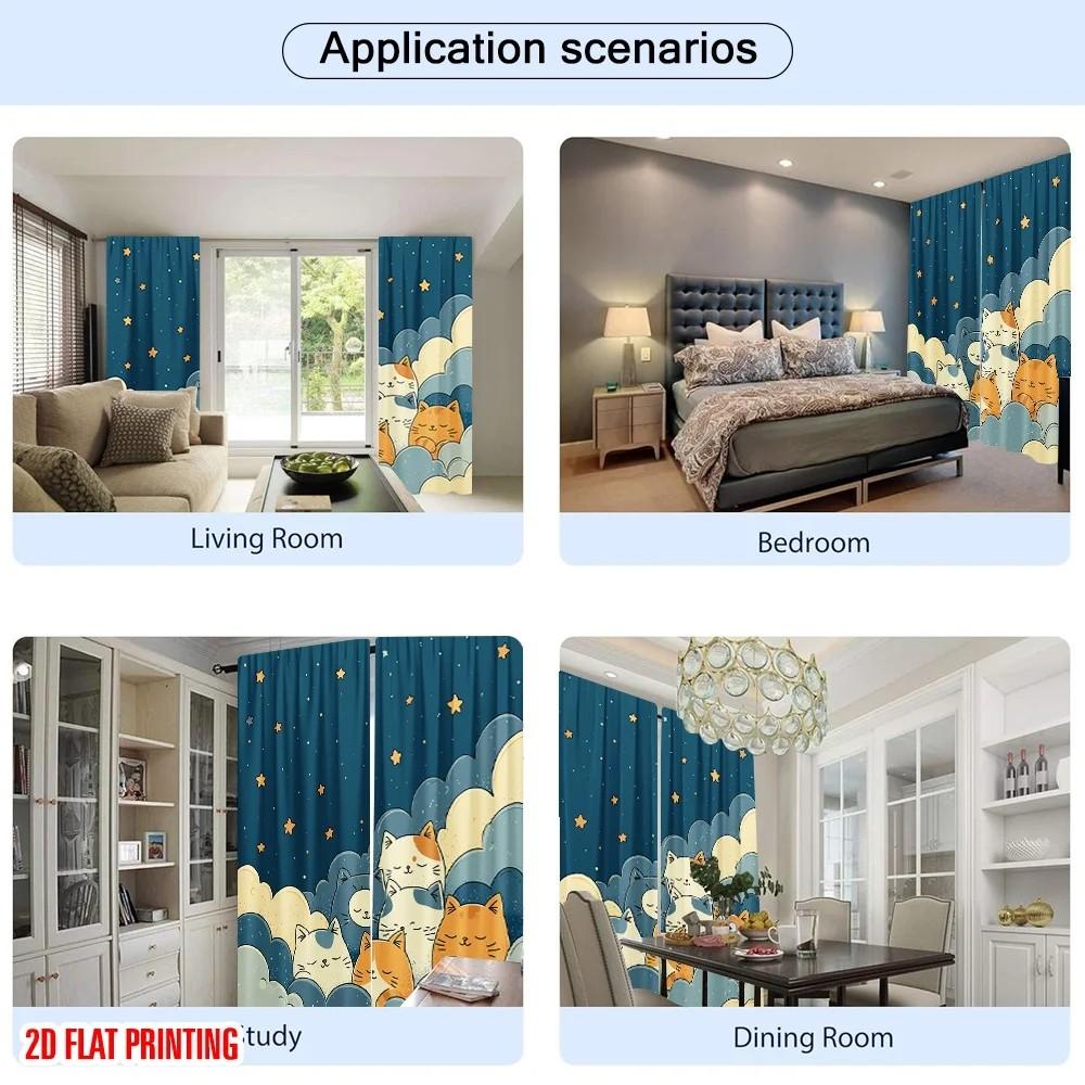 Blackout Jit Cute Cats Printed Curtains Polyester Kids Room Window Decor Home Curtain Set Of 2 Made With Rod Pocket Washable Children's Ready