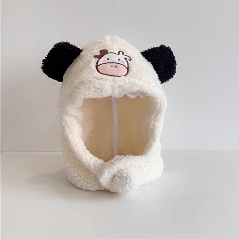 Winter Baby Scarf Hat One Piece Cute Cartoon Kids Plush Ear Protection Cap Boys Girls Warm Headgear Children Hooded Beanies