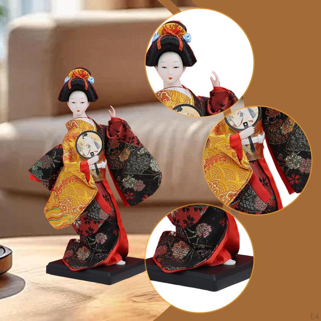 23cm Ethnic Japanese Geisha Doll Collectible Figurine, Vintage Kimono Girl Statue for Table