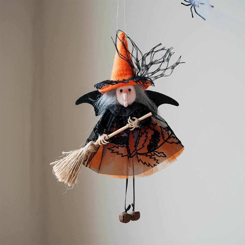 Flying Figurine Bell Witch Broom Pendant Handmade Hat Wing Witch Doll Charm Haunted House оранжевый