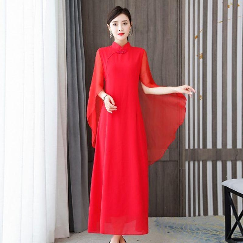 

Chinese Style Plus Size Women s Modified Chinese Red Shawl Dress Chorus Host Dance Skirt Evening Dress M-5XL Red(1210-2) 2XL