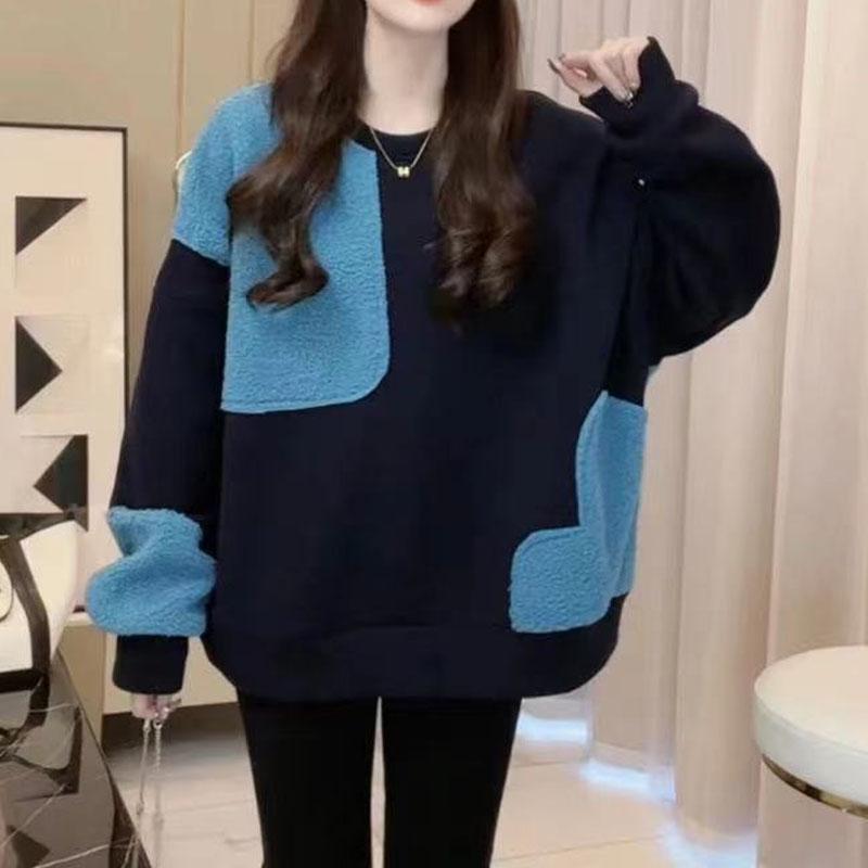 New Winter Fashion Trend Round Neck Panel Contrast Color Plush Thickened Loose Versatile Reduced Age Women's Long Sleeve Sweater