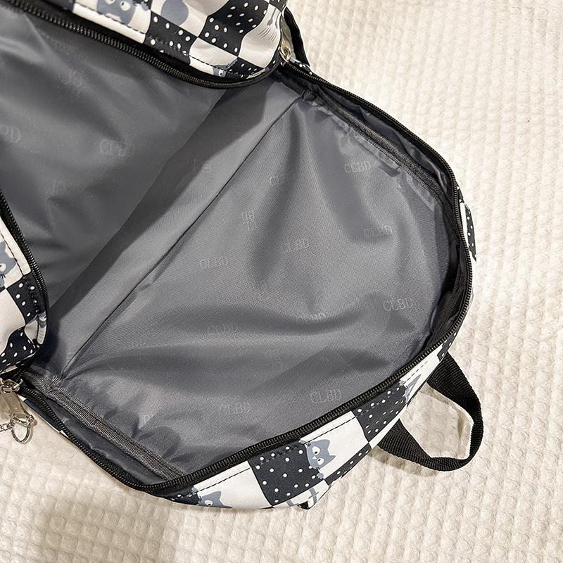 Plaid Cat Print Nylon Schoolbag Large Capacity Backpack High School Student Backpack