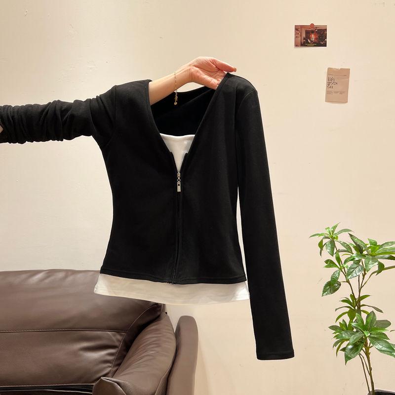 

Sweet & Spicy Two-Piece Look Black Zipper Spliced Long Sleeve Women s Slimming Top for Spring & Autumn L (for 95-110 jin)