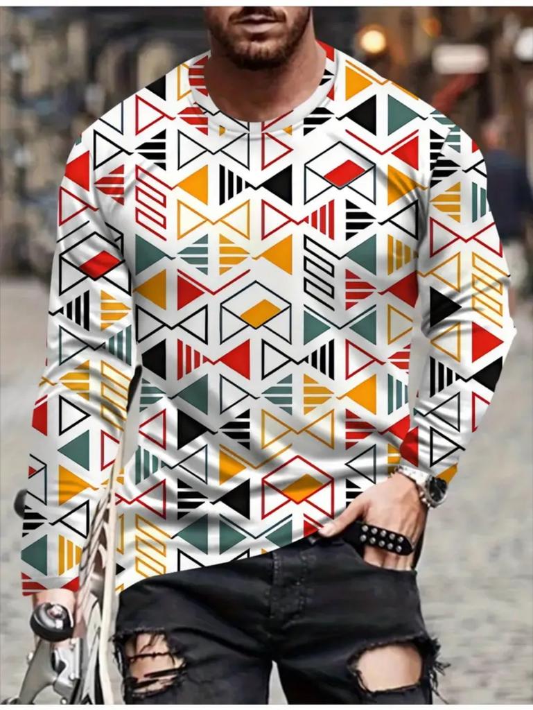 T Shirts for Man Geometric Block 3D Print Autumn Long Sleeve T-Shirt Pullover Casual Male Tops Street Lightweight Men's Clothes