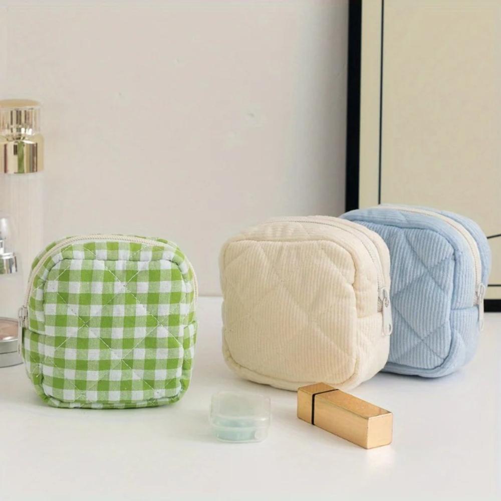 Cute Quilted Corduroy Cosmetic Bag Coin Purse Lipstick Makeup Pouch with Zipper for Travel Toiletry Storage Organizer for Women