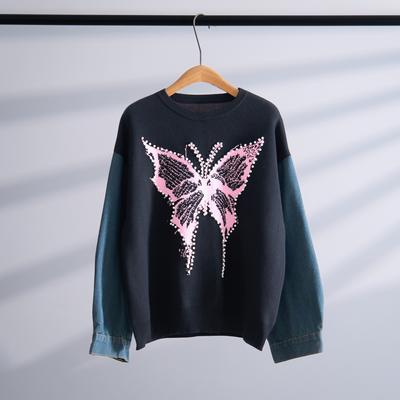 2025 Autumn and Winter Japanese-style Harajuku Pullover Sweater Women's European and American Round Neck Butterfly Pearl Long-sleeved Top