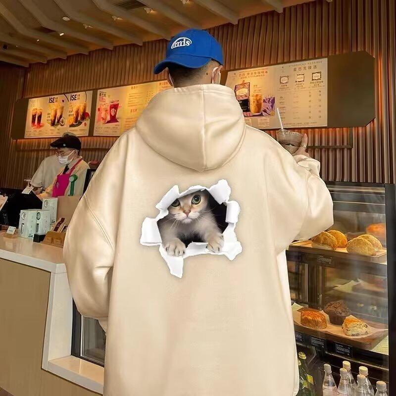 

Men Women Hoodies Winter Fun Cat Print Hooded Sweater Couple Loose Plus Velvet Hooded Sweater 5XL