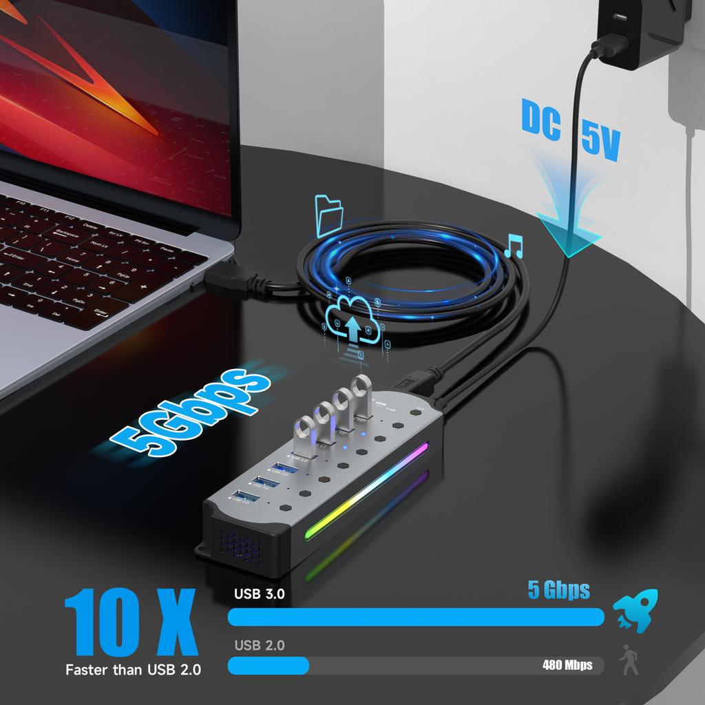 10 In 1 Powered USB HUB USB 3.0 Interface Individual Switch RGB E-Marker Heat Dissipation Design DC 5V Power Supply Adapter
