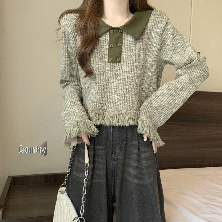

Plus Size Slimming Tassel Top: Autumn/Winter Off-Shoulder Long Sleeve Shirt M [Recommended 80-100 lbs]