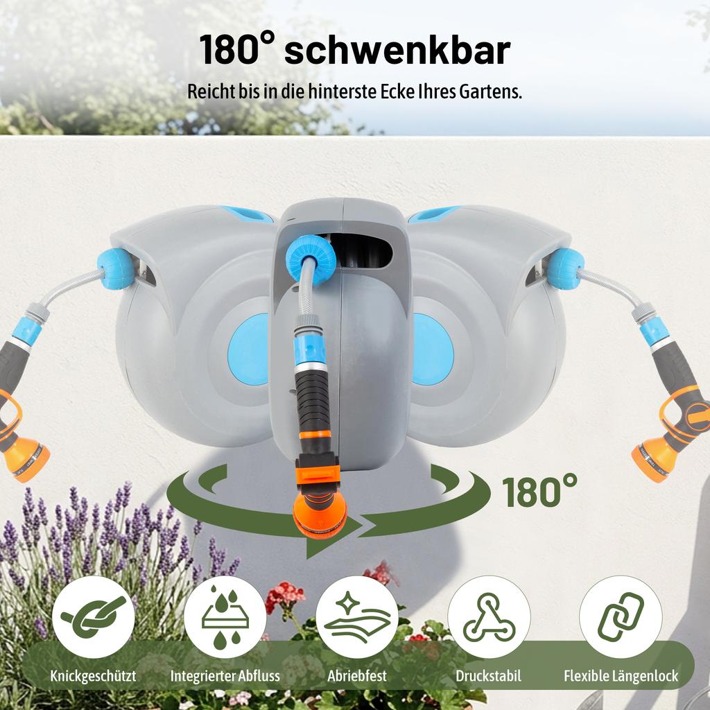 30m Automatic Garden Hose Reel Wall-Mounted, 9-Way Spray Gun, UV-Resistant, Frost-Resistant, 180° Swiveling – incl. Wall Bracket & Mounting Material