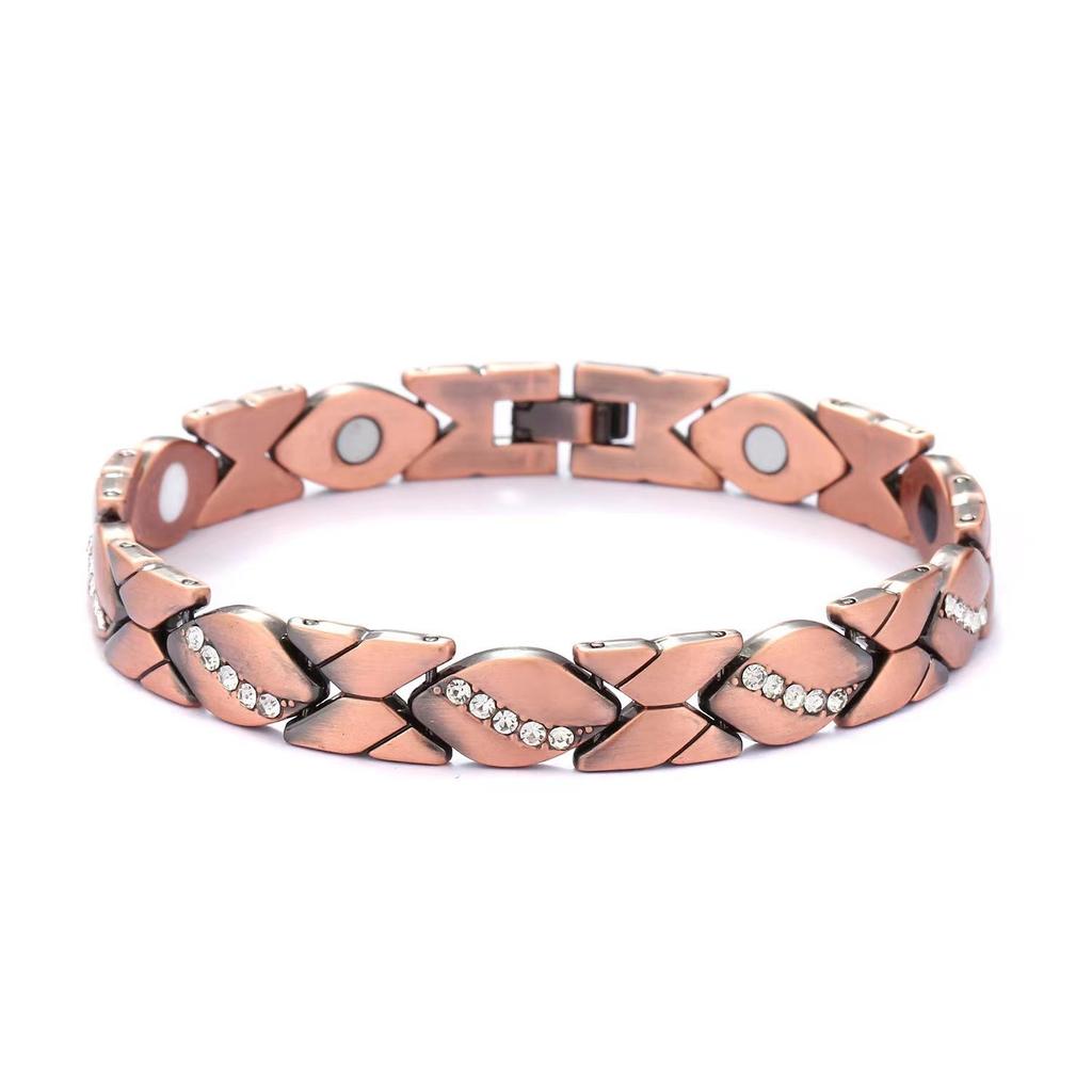 European and American Cross-Border Leaf Inlaid Diamond Magnetic Bracelet, Antique Red Copper, Brushed, Adjustable.