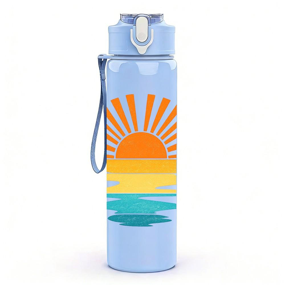 1PC Ocean Sunset Gradient Sun Wave Print 750ml Color Plastic Sports Water Bottle Leakproof Flip Straw Lid Suitable for Sports Office Home Use