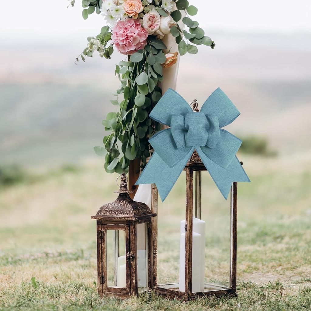 2pcs Denim Blue Wreath Bows, Farmhouse Burlap Bow for Wreath Solid Rustic Crafts Decorative Hanging Ornament Bow for Indoor Outdoor Wedding Holiday