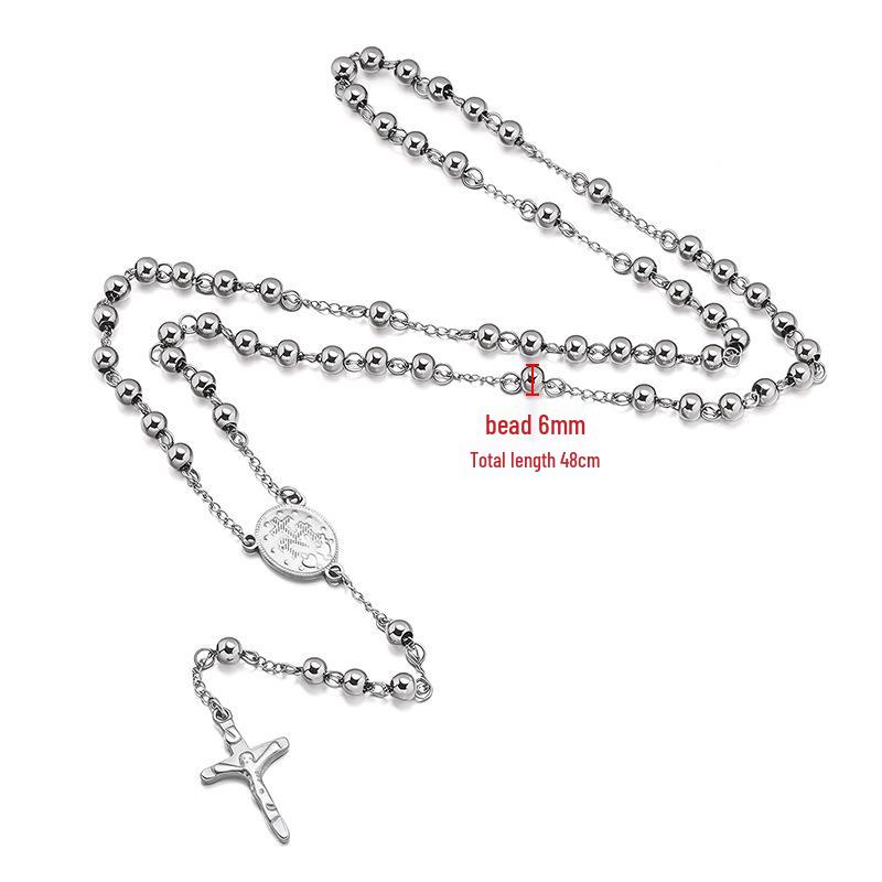 Non-fading European Round Steel Beads Cross Rosary Necklace with Virgin Mary Pendant for Men & Women