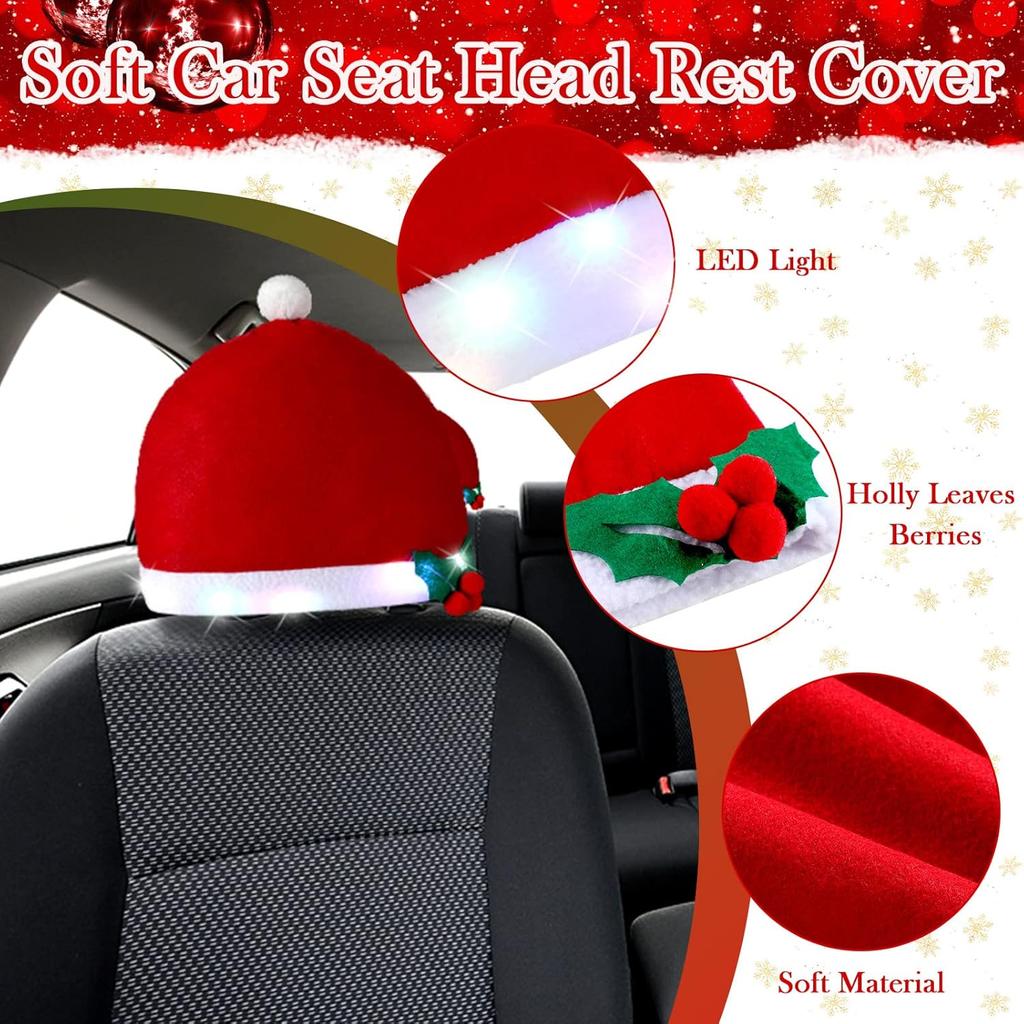 4 Pieces LED Santa Claus Hat Car Seat Headrest Covers Colorful Light Christmas Car Decoration Soft Car Seat Head Rest Cover Protector Interior