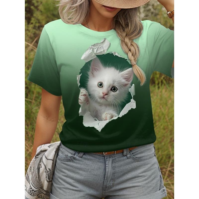 Summer Cute Kitten T-Shirts Kawaii Cat 3D Print Women's Round-Neck Short Sleeve T Shirt Harajuku Tees Y2k Tops Female Clothing