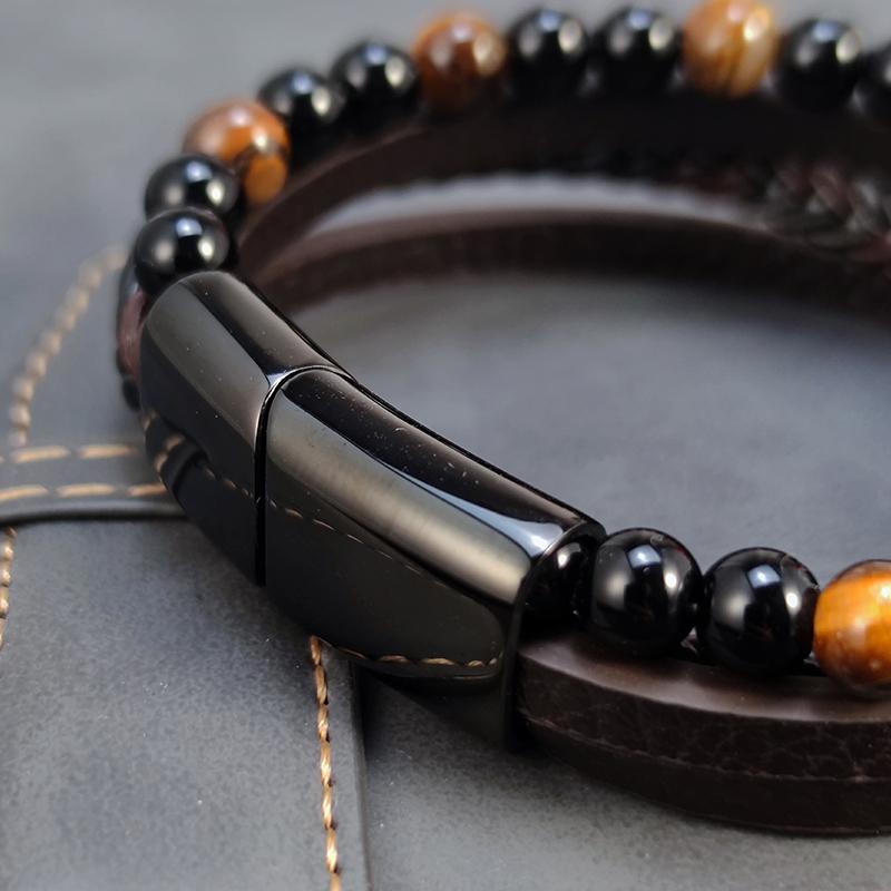 2026 New Beads Tiger's Eye Stone Bracelet for Men Four Layers Leather Bracelet with Stainless Steel Magnet Male Jewelry Gift