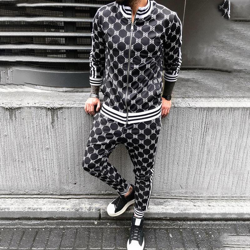 Men's Tracksuit 3D Plaid Printed Sports Casual Set Fashion British Style Gentleman Jacket Tether Trousers 2-piece Suit