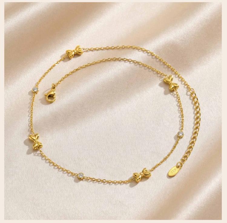 Bow Necklace, Stainless Steel 18K Gold Plated Station Zircon Necklace for Women Charms Choker Jewelry